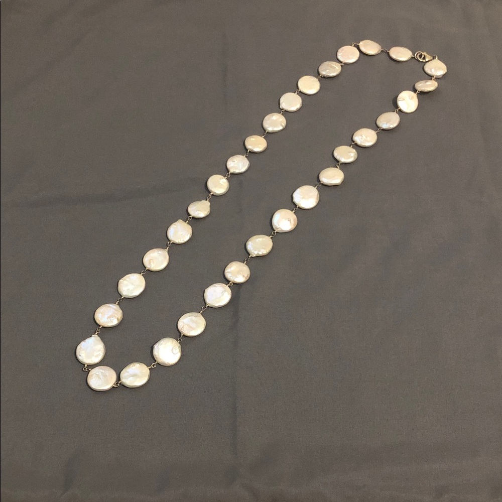Real Freshwater Pearl Coin Necklace - White - - Picture 2 of 6